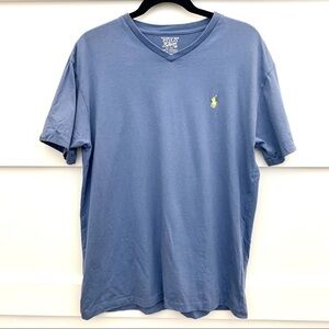NWOT Men’s V-Neck Denim Blue Polo Logo Tshirt Minimalist Tennis Preppy Classic S